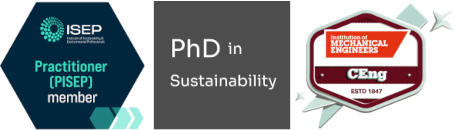 Badges for Practitioner Member ISEP, PhD in Sustainability, Institute of Mechanical Engineers